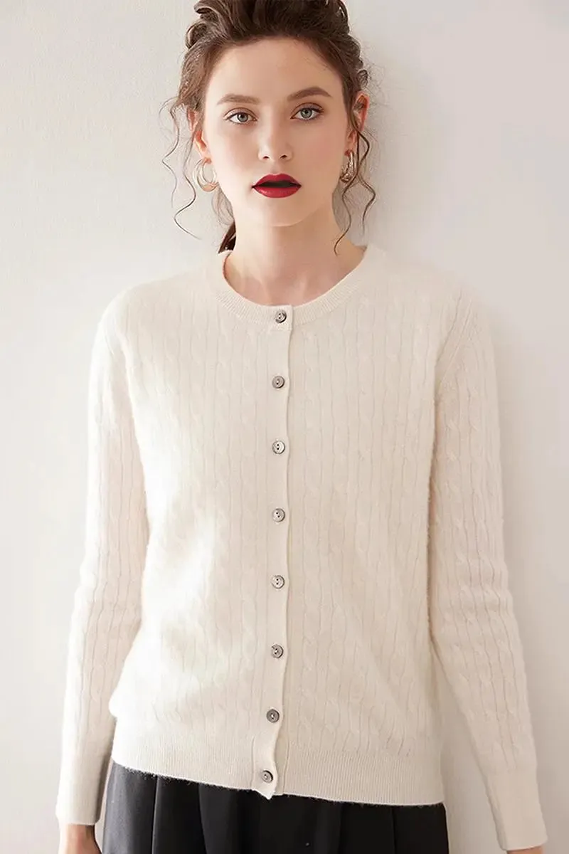 100 Cashmere Cable-Knit Crewneck Cardigan