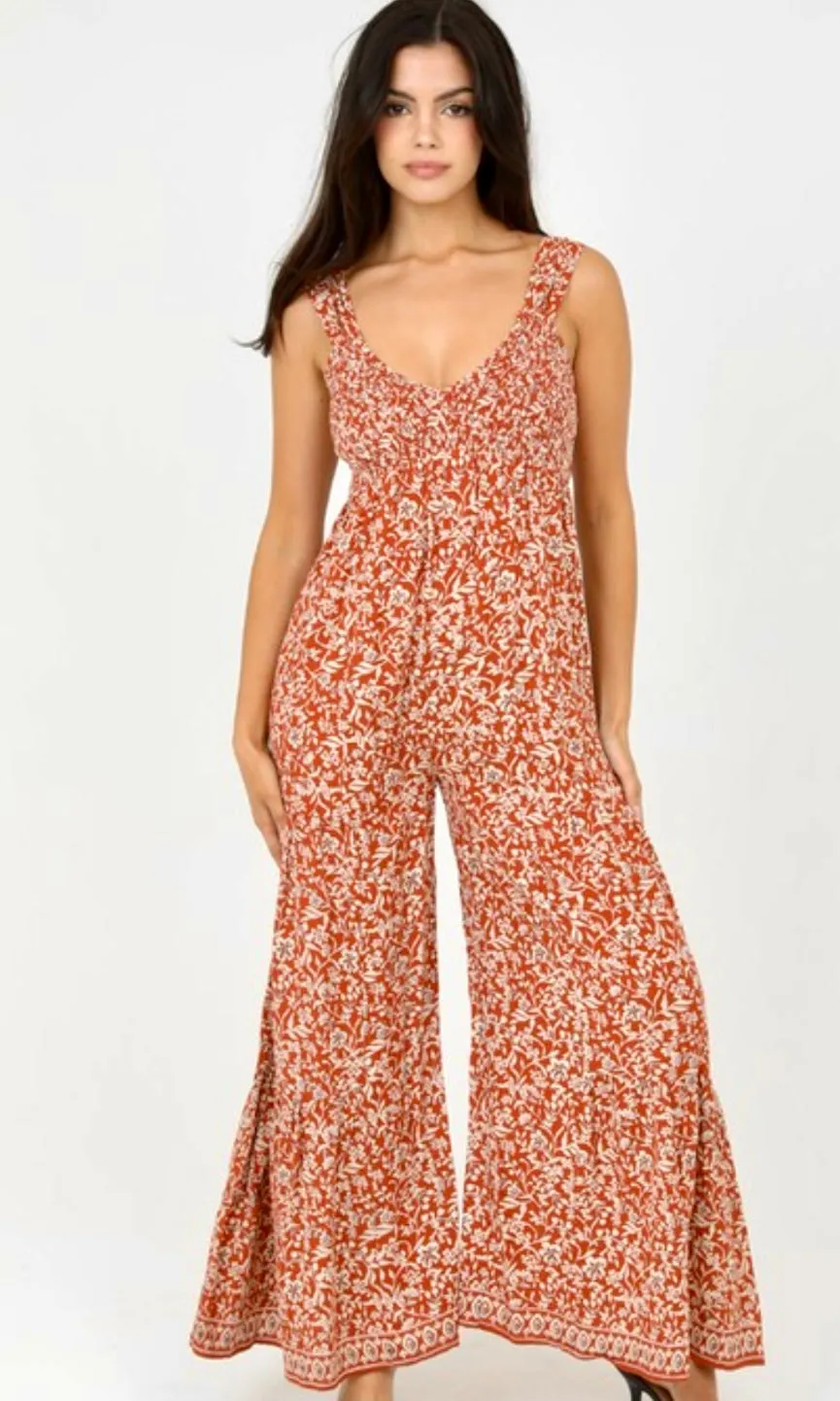 Analan Cinnamon Floral Print Maxi Jumpsuit Romper