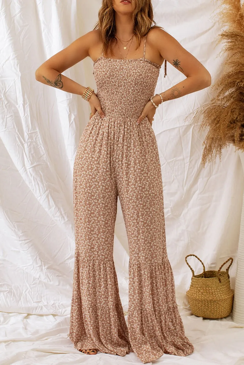 Khaki Wide Leg Floral Jumpsuit