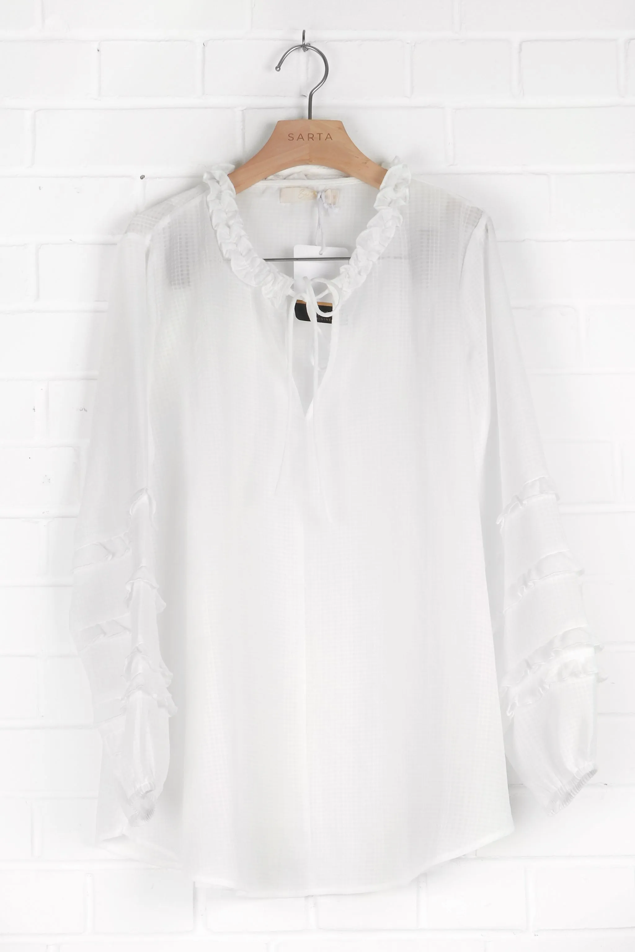 Long Frill Sleeve Grandad Collar Shirt in White