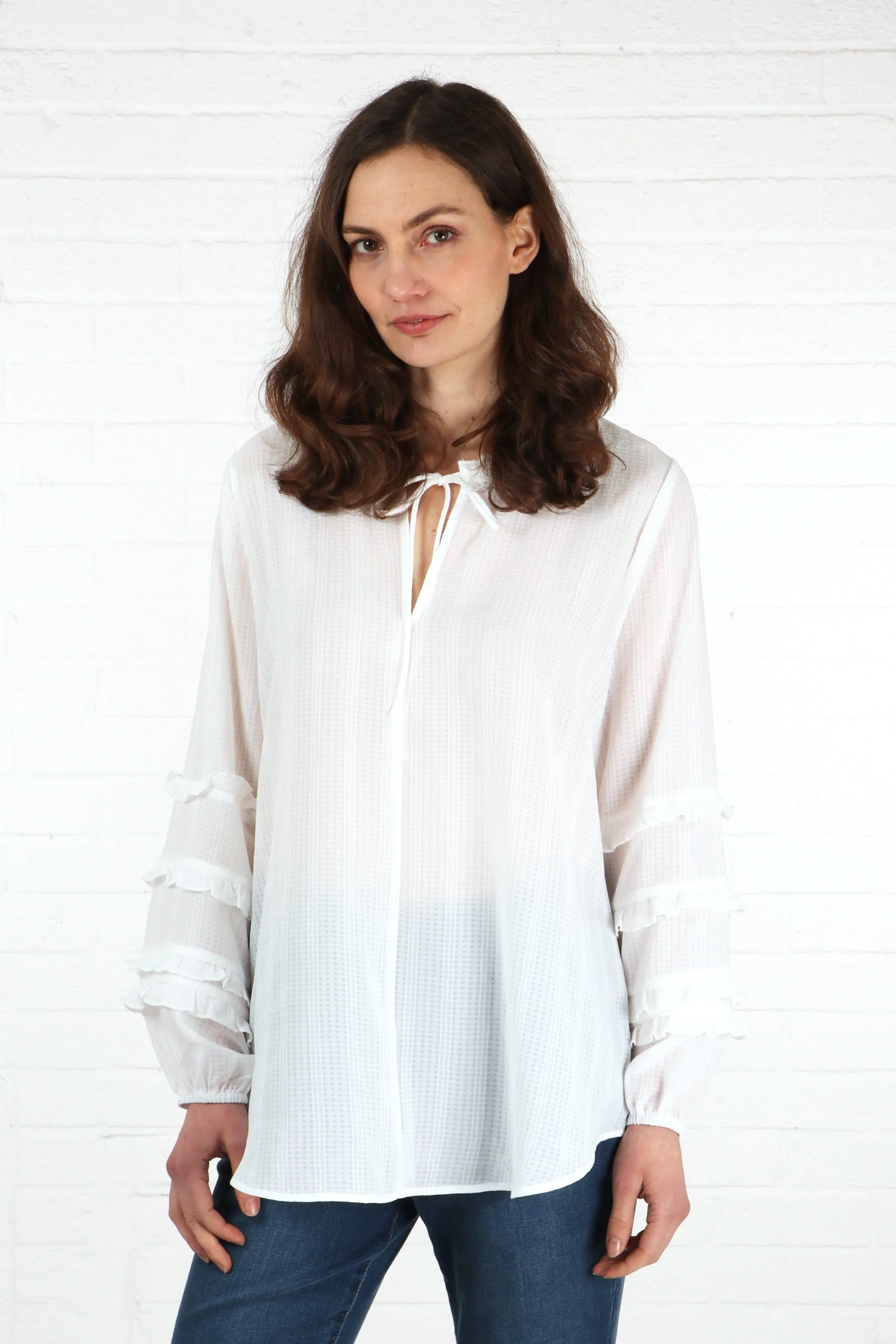 Long Frill Sleeve Grandad Collar Shirt in White
