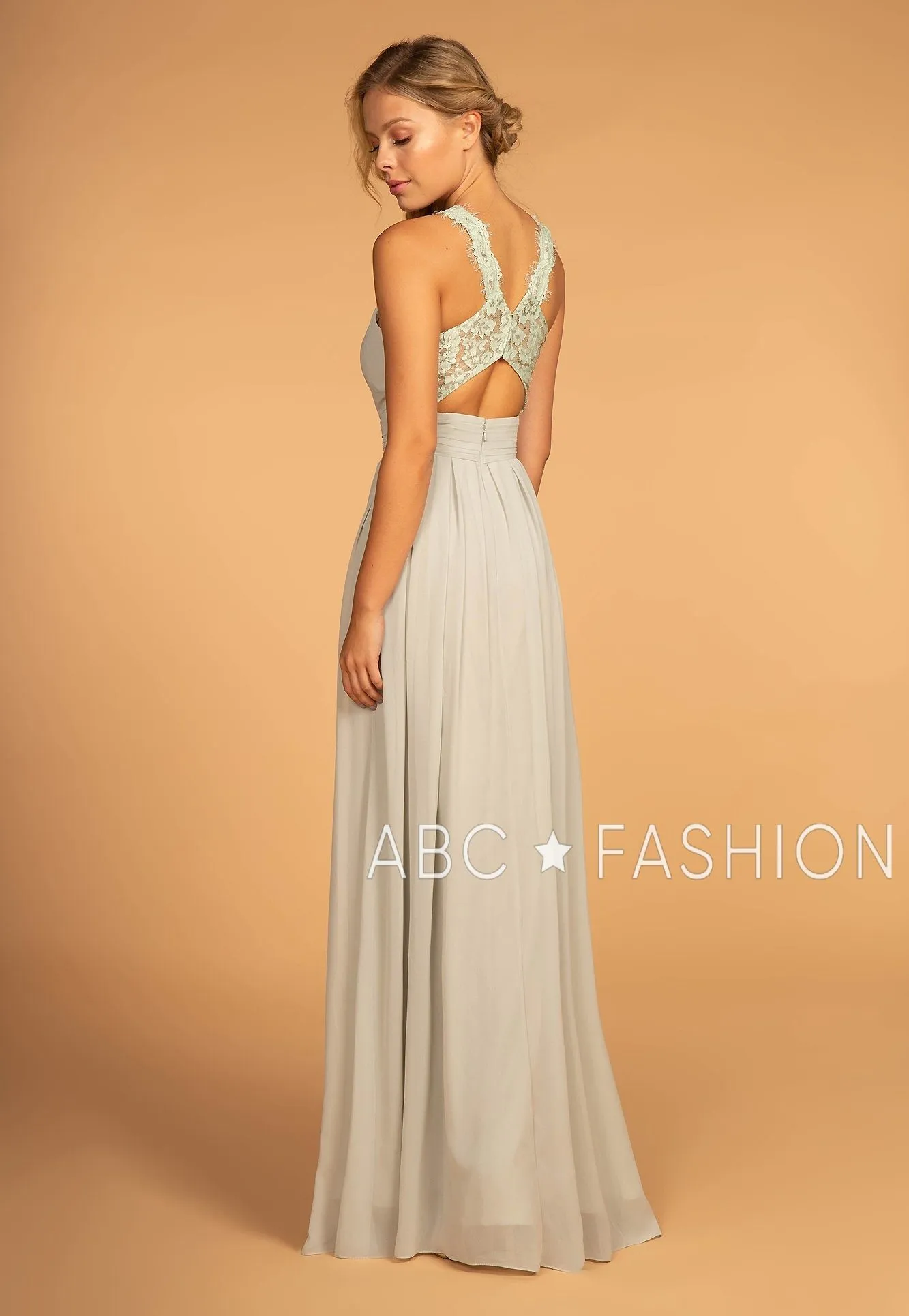 Long High-Neck Halter Dress with Lace Details by Elizabeth K GL2605