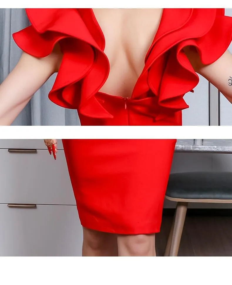 Red hot elegant one-shoulder bodycon ruffled hips slim pencil dress party cocktail dress - Hina