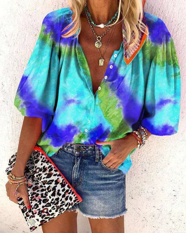 Tie-dye V-neck button ladies shirt