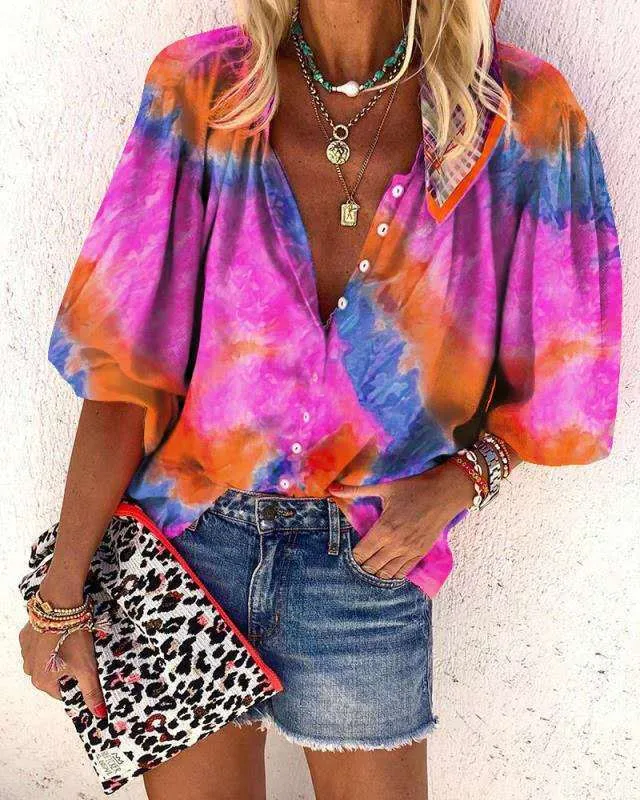 Tie-dye V-neck button ladies shirt