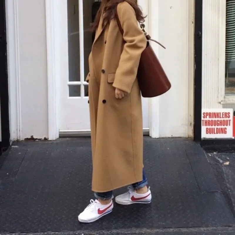Vintage Long Wool Coat with Double Breasted Closure